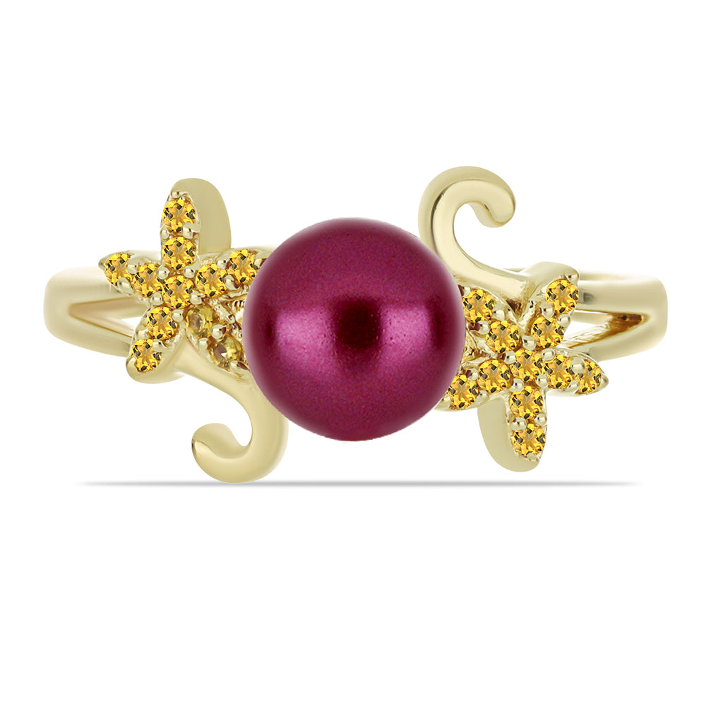 Anel de Prata com Banho de Ouro com Pérola de Água Doce Roxo e Citrino de Ural  Contraste: Cabeca de Veado (800) 2 