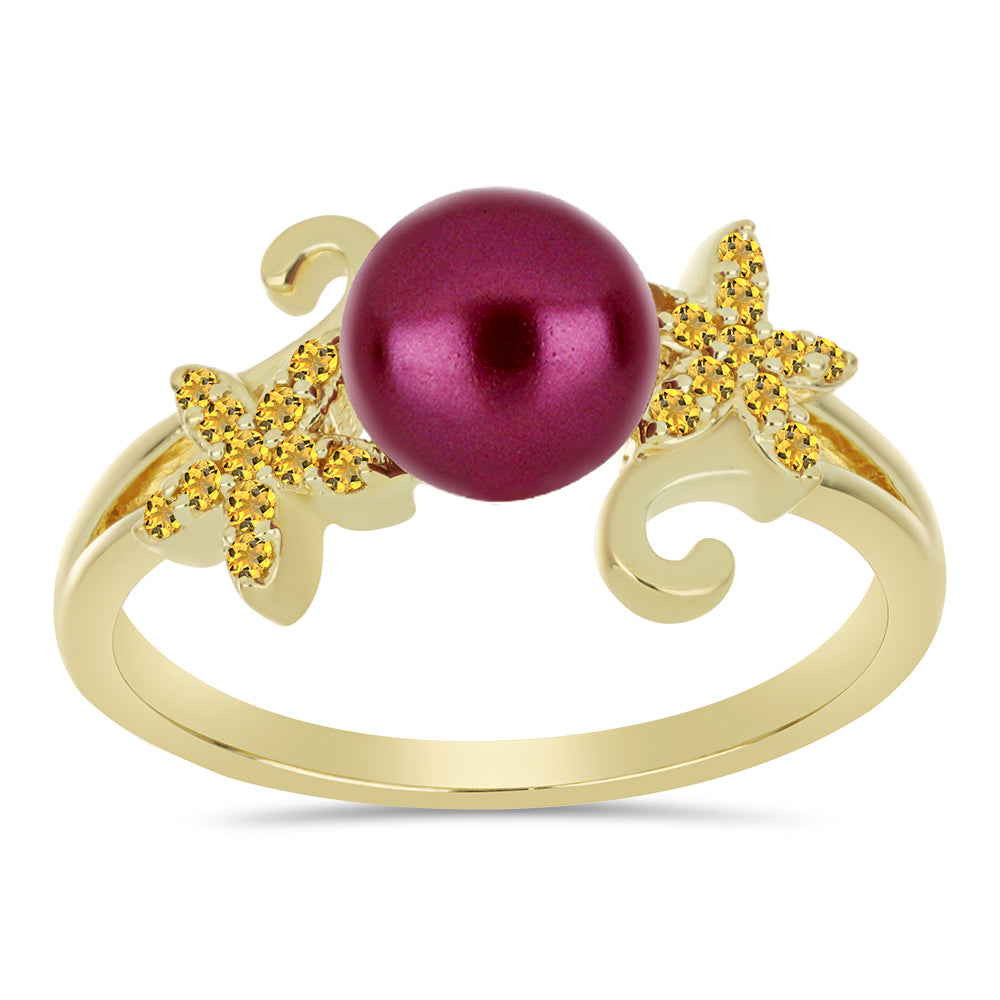 Anel de Prata com Banho de Ouro com Pérola de Água Doce Roxo e Citrino de Ural  Contraste: Cabeca de Veado (800)