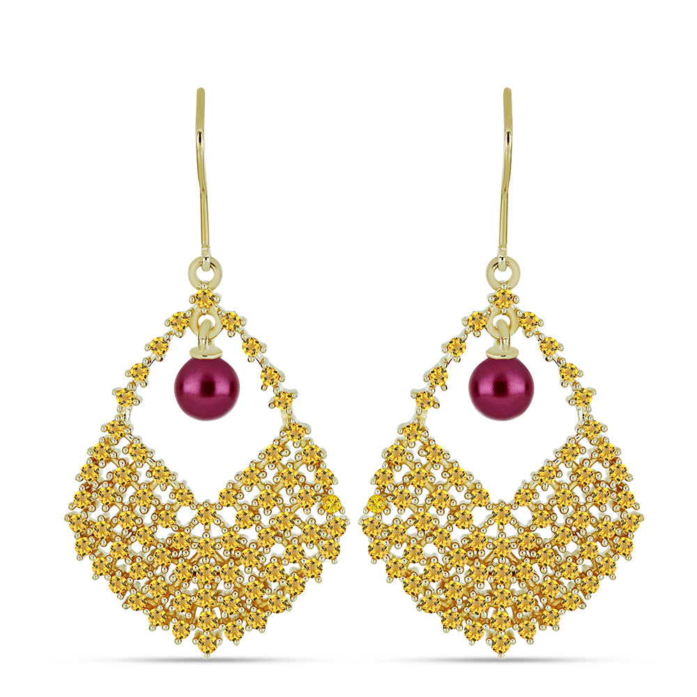 Brincos de Prata com Banho de Ouro com Pérola de Água Doce Roxo e Citrino de Ural  Contraste: Cabeca de Veado (800) 1 