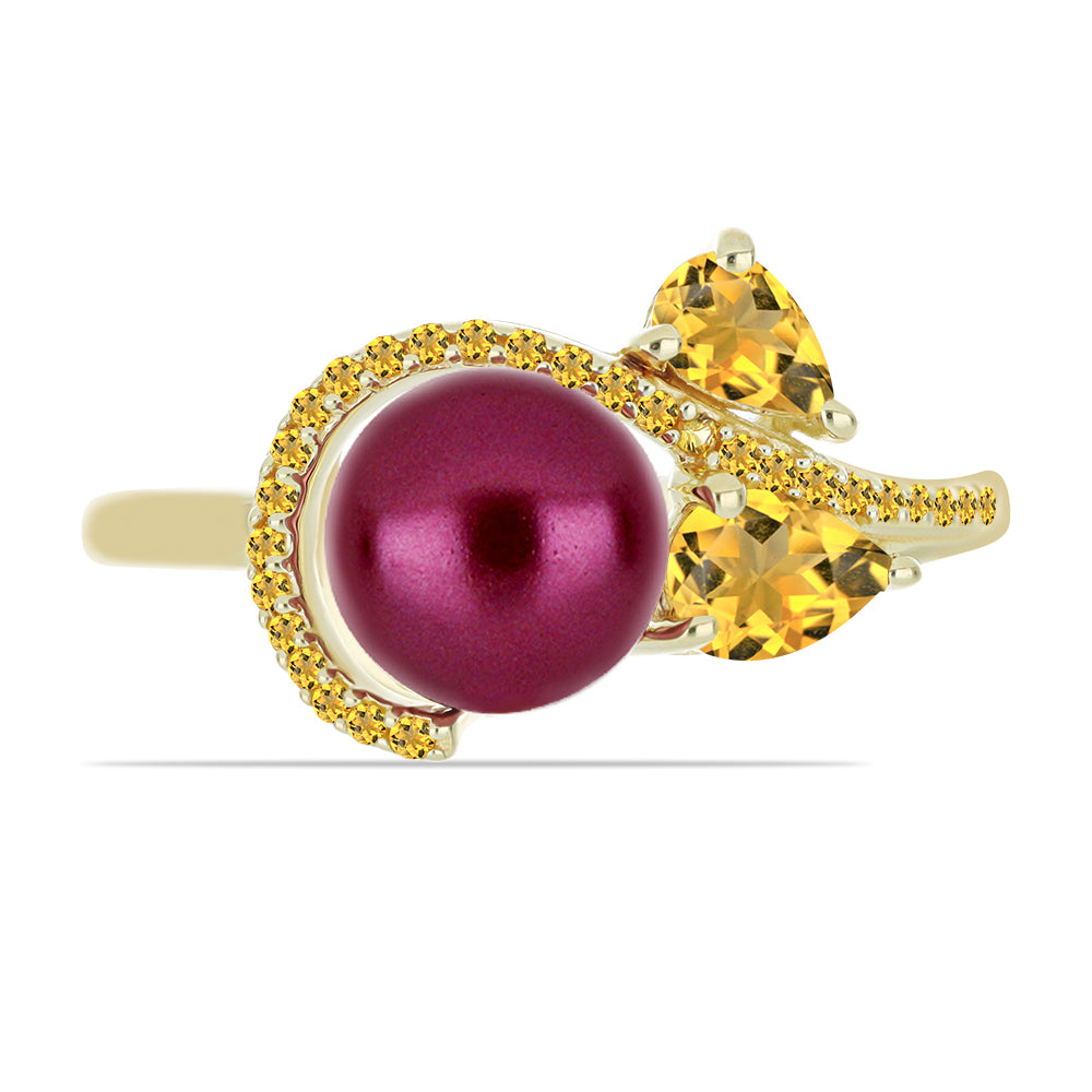 Anel de Prata com Banho de Ouro com Pérola de Água Doce Roxo e Citrino de Ural 1 