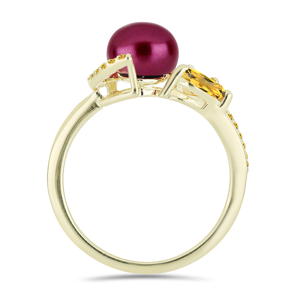 Anel de Prata com Banho de Ouro com Pérola de Água Doce Roxo e Citrino de Ural 2 