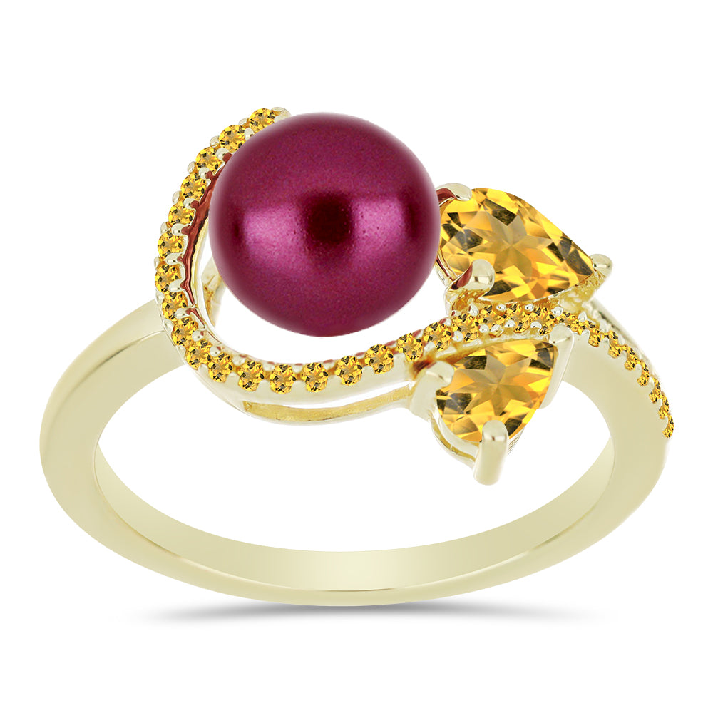 Anel de Prata com Banho de Ouro com Pérola de Água Doce Roxo e Citrino de Ural
