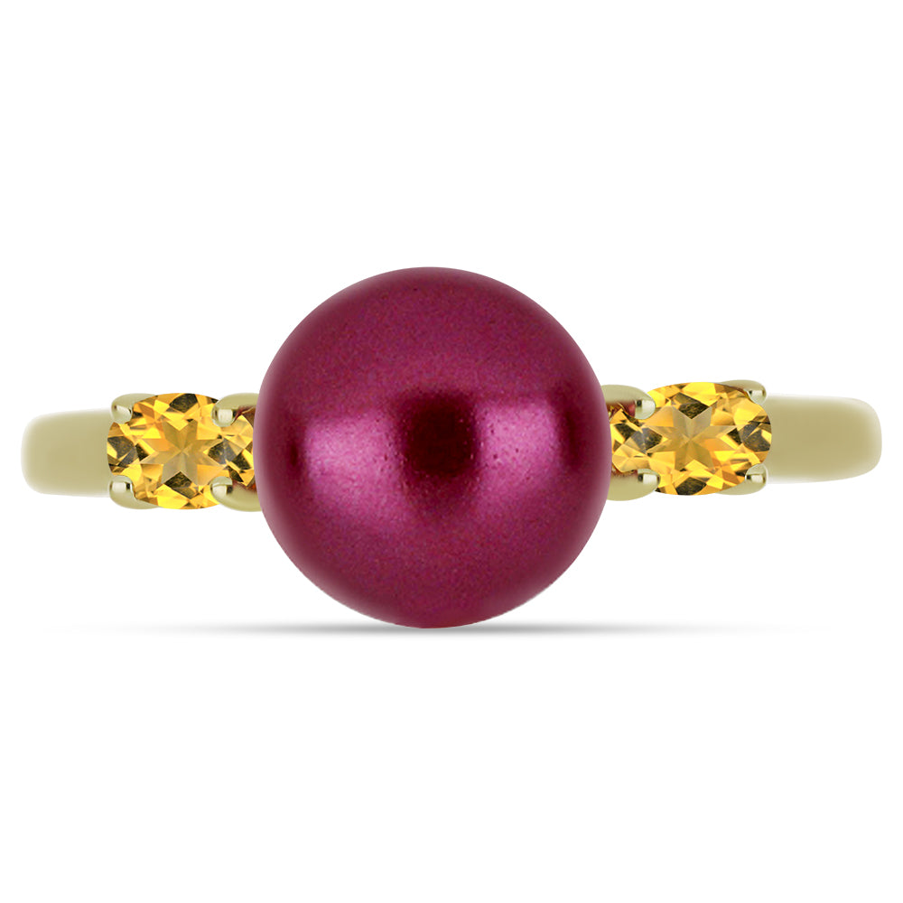 Anel de Prata com Banho de Ouro com Pérola de Água Doce Roxo e Citrino de Ural