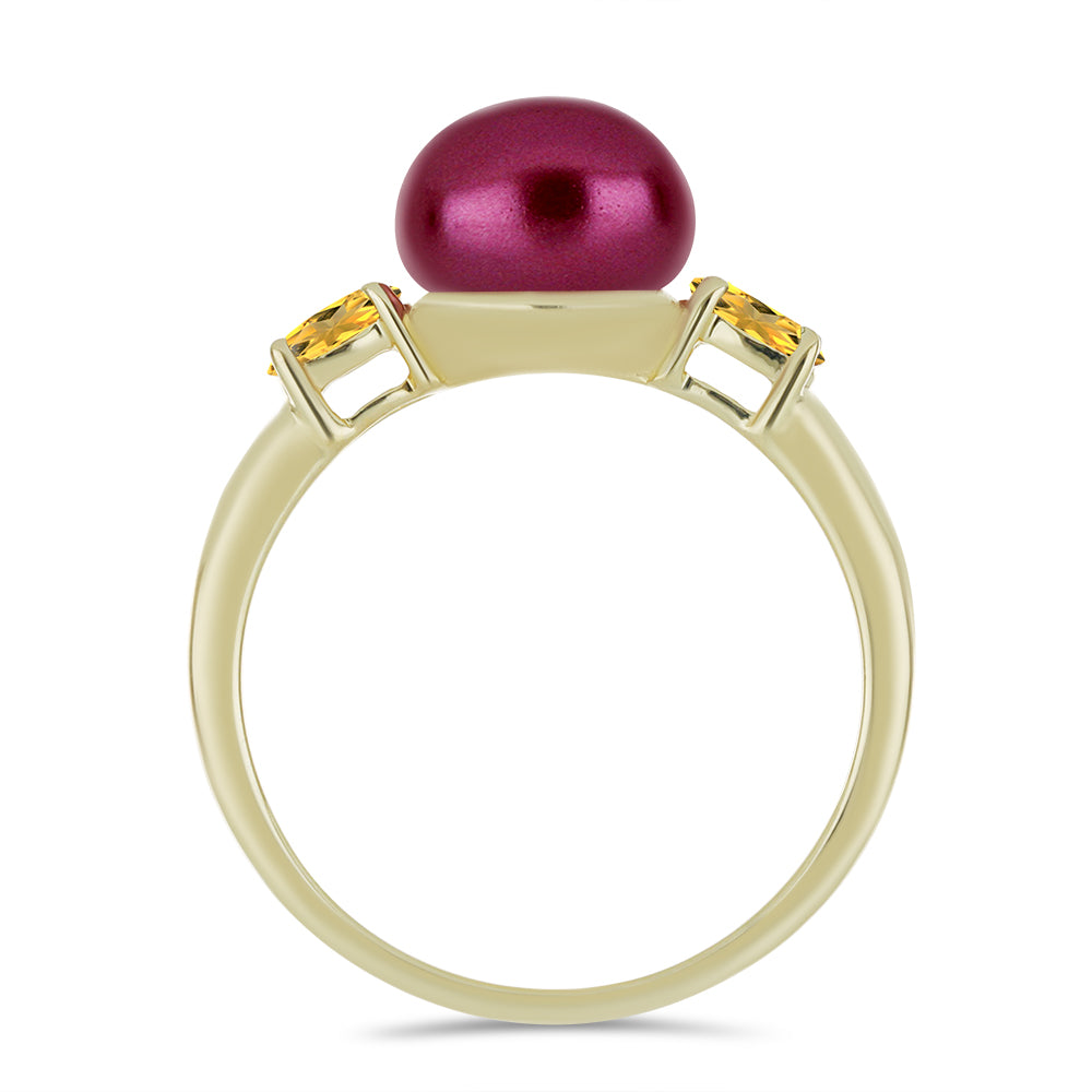 Anel de Prata com Banho de Ouro com Pérola de Água Doce Roxo e Citrino de Ural