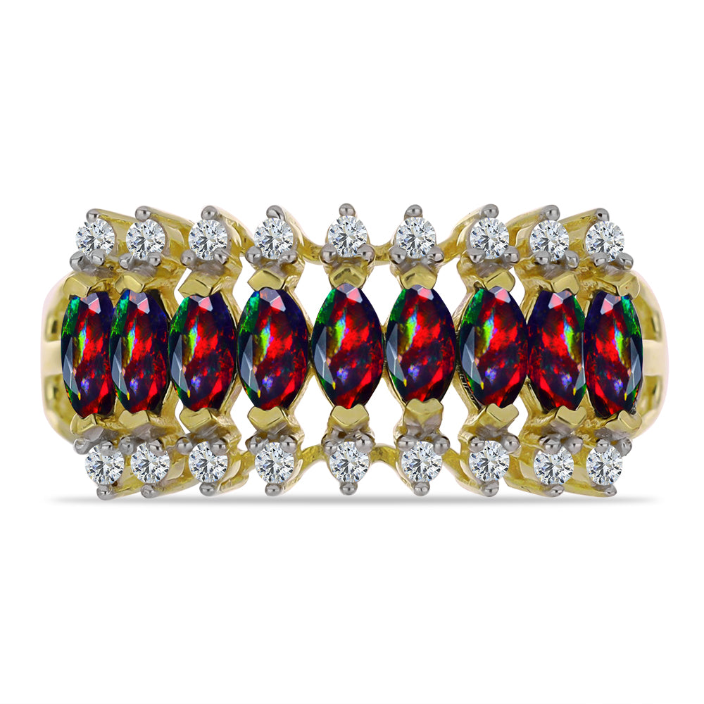 Anel de Prata com Banho de Ouro com Opala Preta de Lega Dembi da Etiópia e Topázio Branco  Contraste: Cabeca de Veado (800)