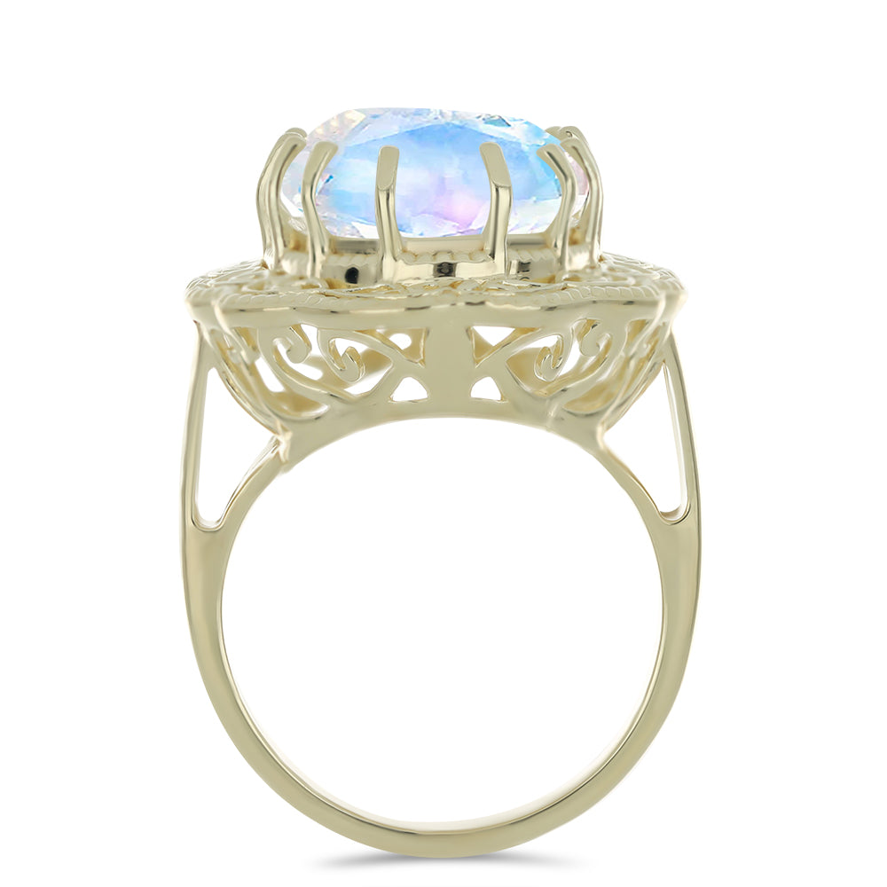 Anel de Prata com Banho de Ouro com Pedra da Lua Arco-íris  Contraste: Cabeca de Veado (800)