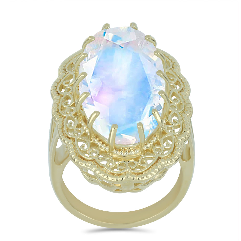 Anel de Prata com Banho de Ouro com Pedra da Lua Arco-íris  Contraste: Cabeca de Veado (800) 3 