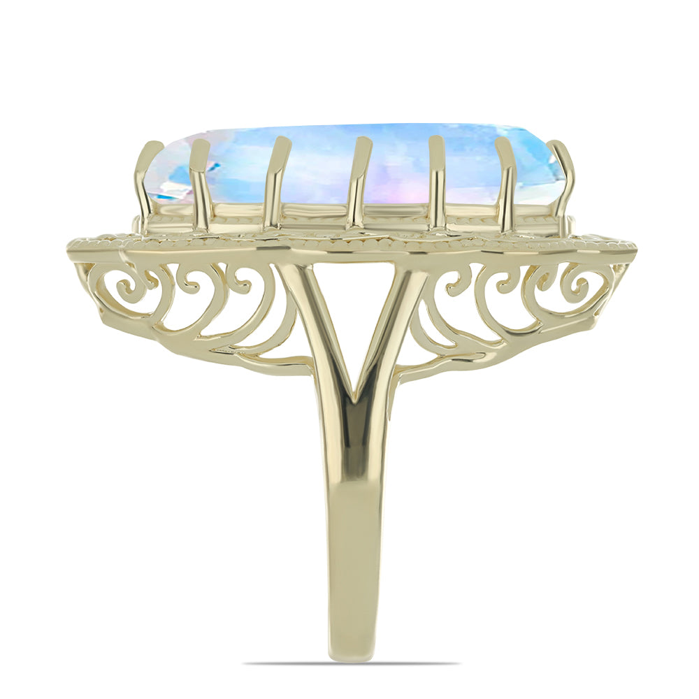 Anel de Prata com Banho de Ouro com Pedra da Lua Arco-íris  Contraste: Cabeca de Veado (800)