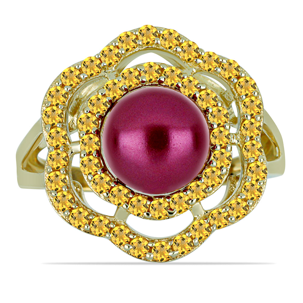 Anel de Prata com Banho de Ouro com Pérola de Água Doce Roxo e Citrino de Ural  Contraste: Cabeca de Veado (800) 1 