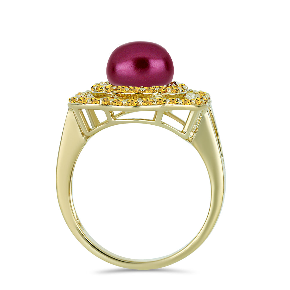 Anel de Prata com Banho de Ouro com Pérola de Água Doce Roxo e Citrino de Ural  Contraste: Cabeca de Veado (800)