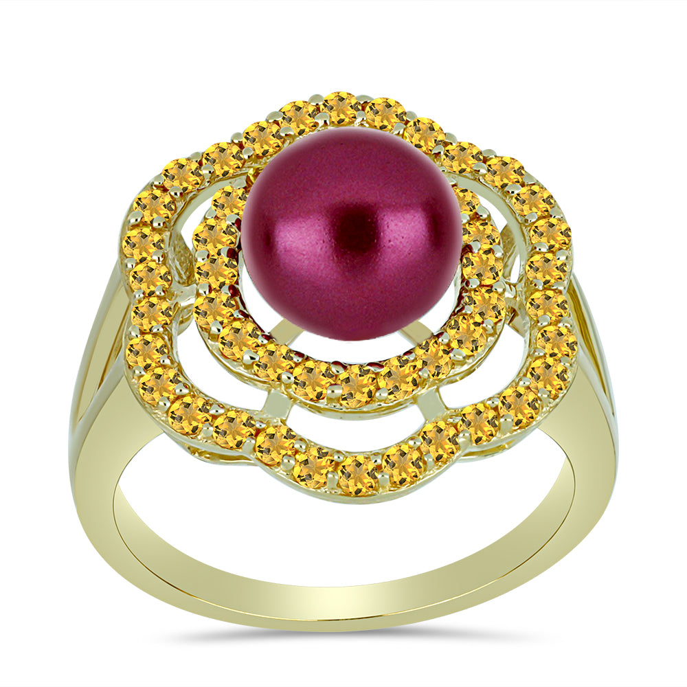 Anel de Prata com Banho de Ouro com Pérola de Água Doce Roxo e Citrino de Ural  Contraste: Cabeca de Veado (800)