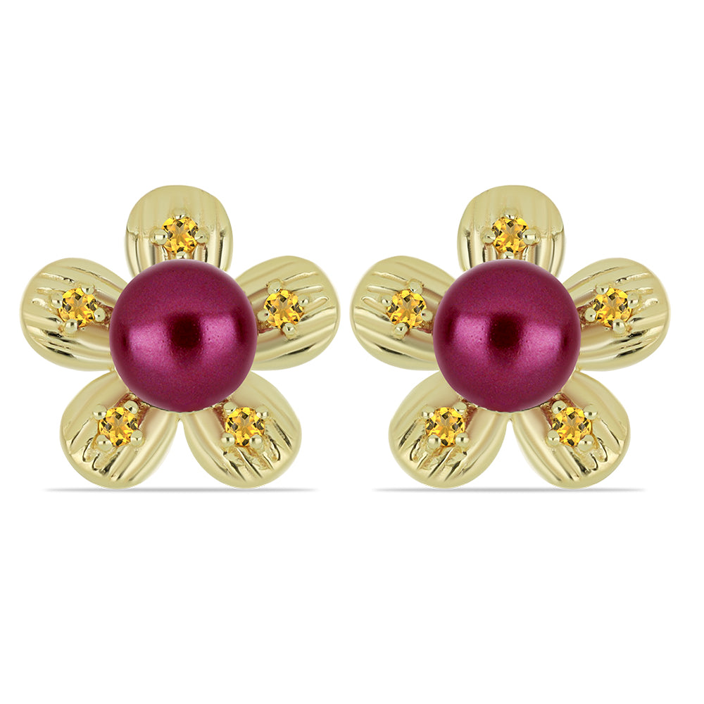 Brincos de Prata com Banho de Ouro com Pérola de Água Doce Roxo e Citrino de Ural 1 