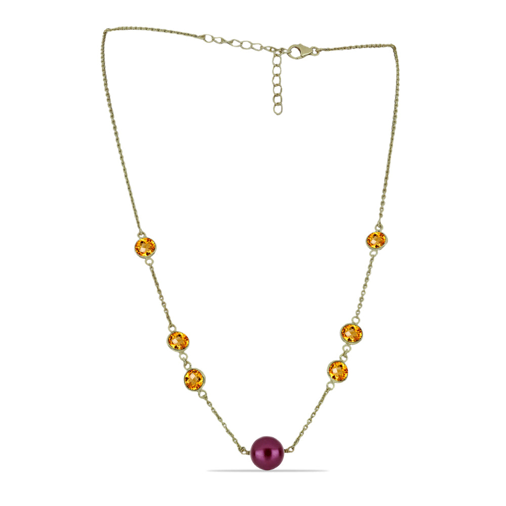 Colar de Prata com Banho de Ouro com Pérola de Água Doce Roxo e Citrino de Ural  Contraste: Cabeca de Veado (800)