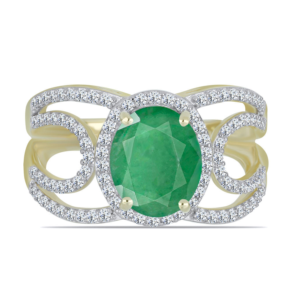 Anel de Prata com Banho de Ouro com Esmeralda do Brasil e Topázio Branco  Contraste: Cabeca de Veado (800)