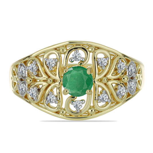 Anel de Prata com Banho de Ouro com Esmeralda do Brasil e Topázio Branco  Contraste: Cabeca de Veado (800)