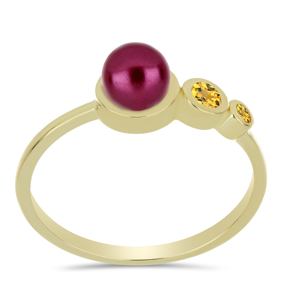 Anel de Prata com Banho de Ouro com Pérola de Água Doce Roxo e Citrino de Ural 3 