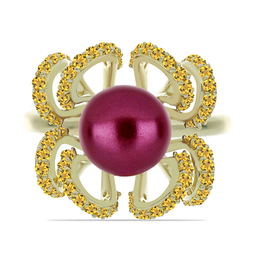 Anel de Prata com Banho de Ouro com Pérola de Água Doce Roxo e Citrino de Ural  Contraste: Cabeca de Veado (800)