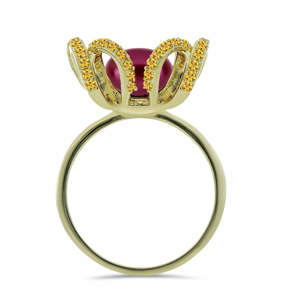 Anel de Prata com Banho de Ouro com Pérola de Água Doce Roxo e Citrino de Ural  Contraste: Cabeca de Veado (800) 2 