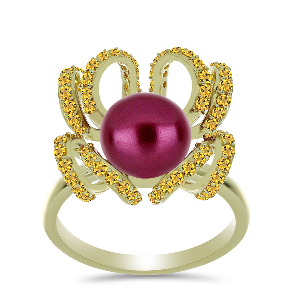 Anel de Prata com Banho de Ouro com Pérola de Água Doce Roxo e Citrino de Ural  Contraste: Cabeca de Veado (800)