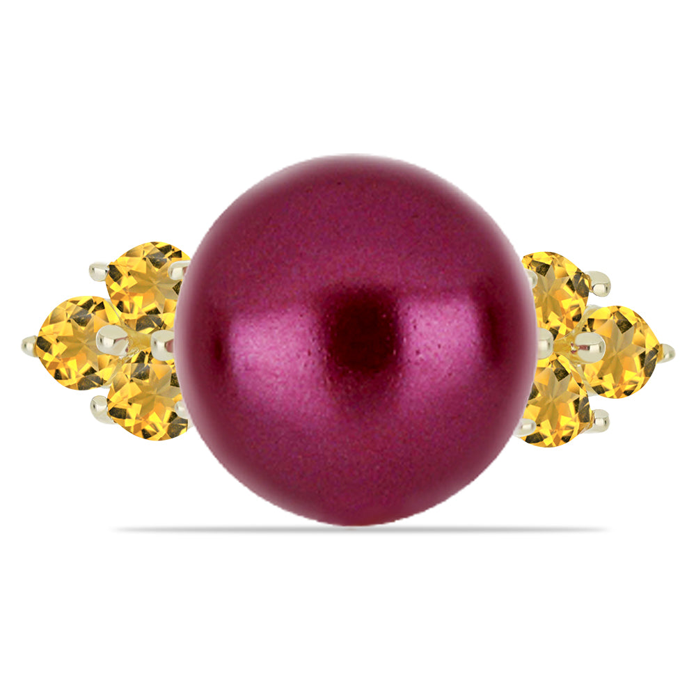 Anel de Prata com Banho de Ouro com Pérola de Água Doce Roxo e Citrino de Ural  Contraste: Cabeca de Veado (800) 1 