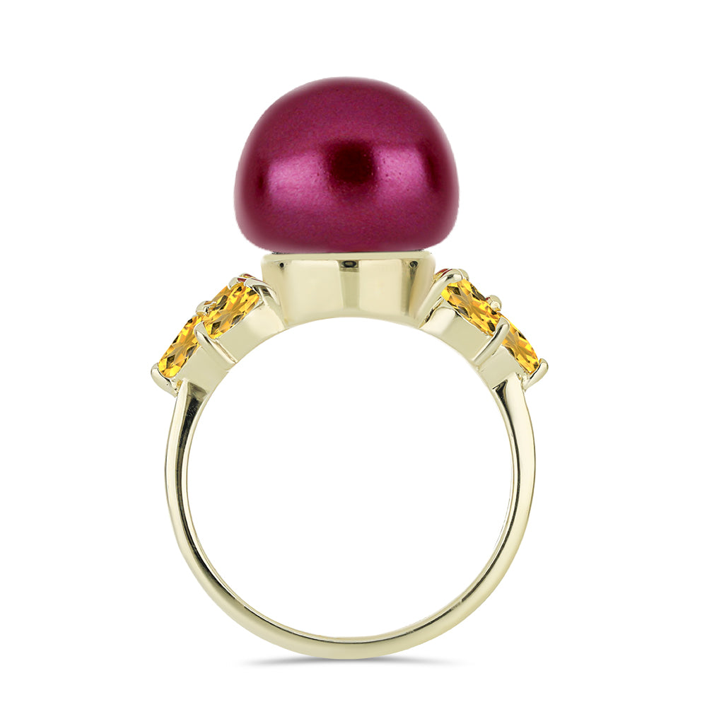 Anel de Prata com Banho de Ouro com Pérola de Água Doce Roxo e Citrino de Ural  Contraste: Cabeca de Veado (800)