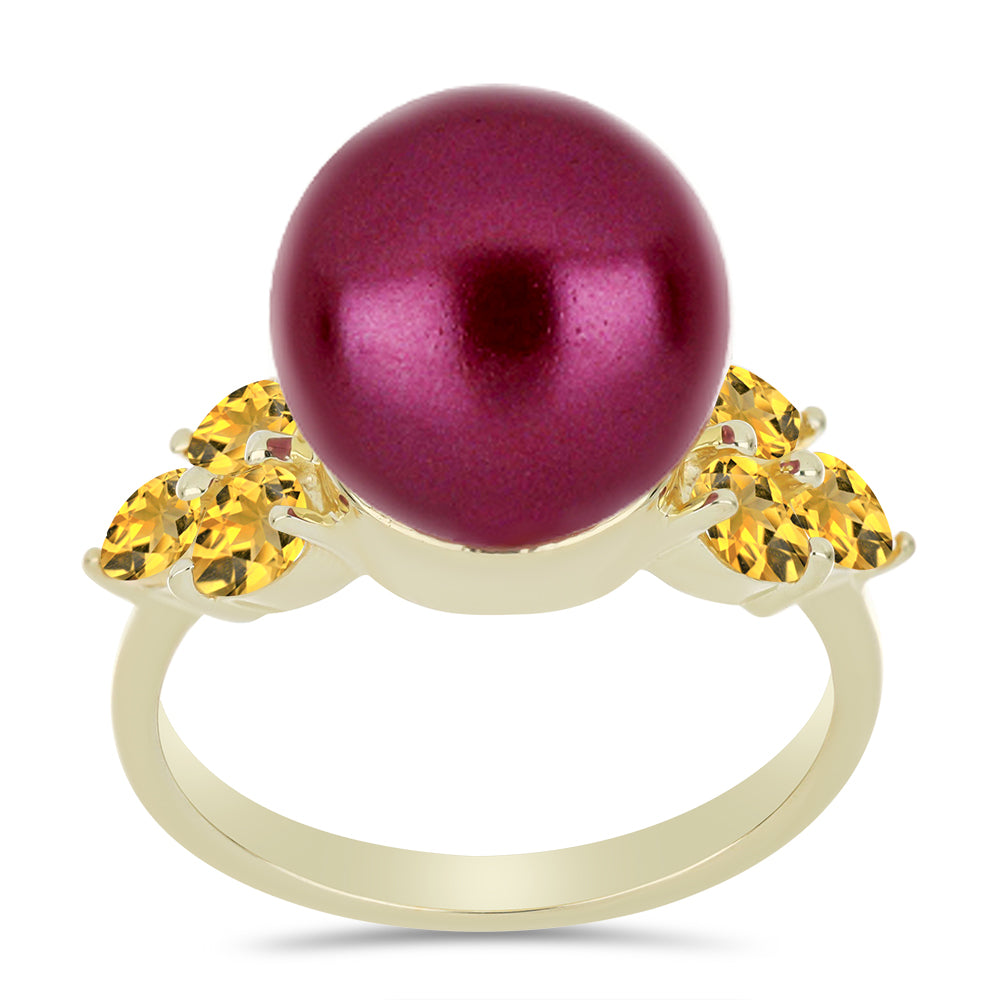 Anel de Prata com Banho de Ouro com Pérola de Água Doce Roxo e Citrino de Ural  Contraste: Cabeca de Veado (800)