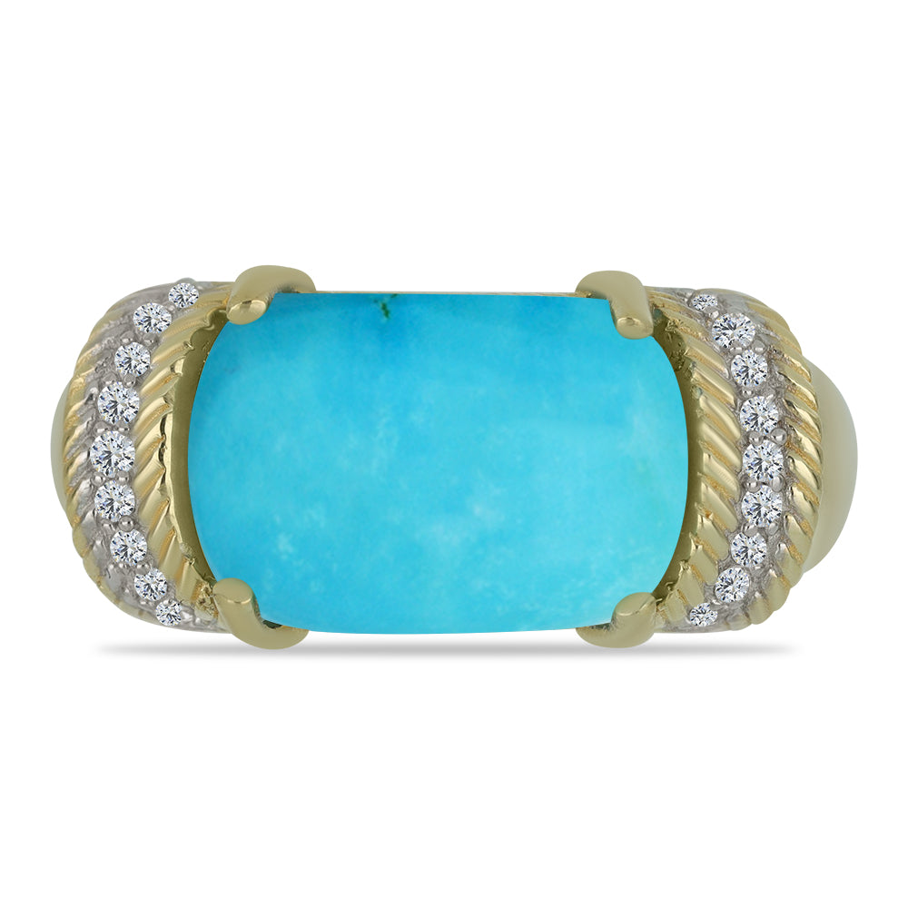 Anel de Prata com Banho de Ouro com Turquesa Bela Adormecida e Topázio Branco  Contraste: Cabeca de Veado (800)