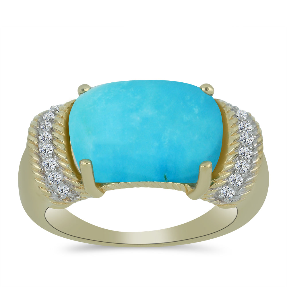 Anel de Prata com Banho de Ouro com Turquesa Bela Adormecida e Topázio Branco  Contraste: Cabeca de Veado (800)