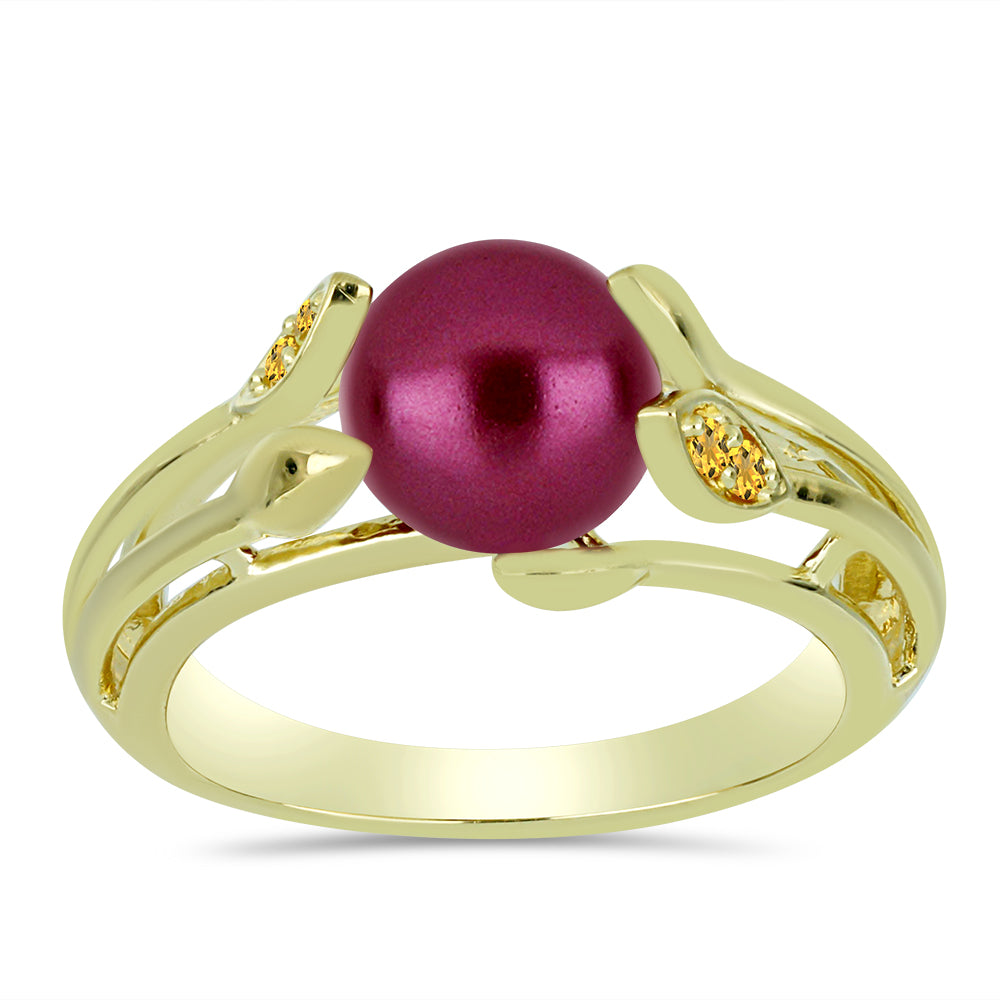 Anel de Prata com Banho de Ouro com Pérola de Água Doce Roxo e Citrino de Ural 1 