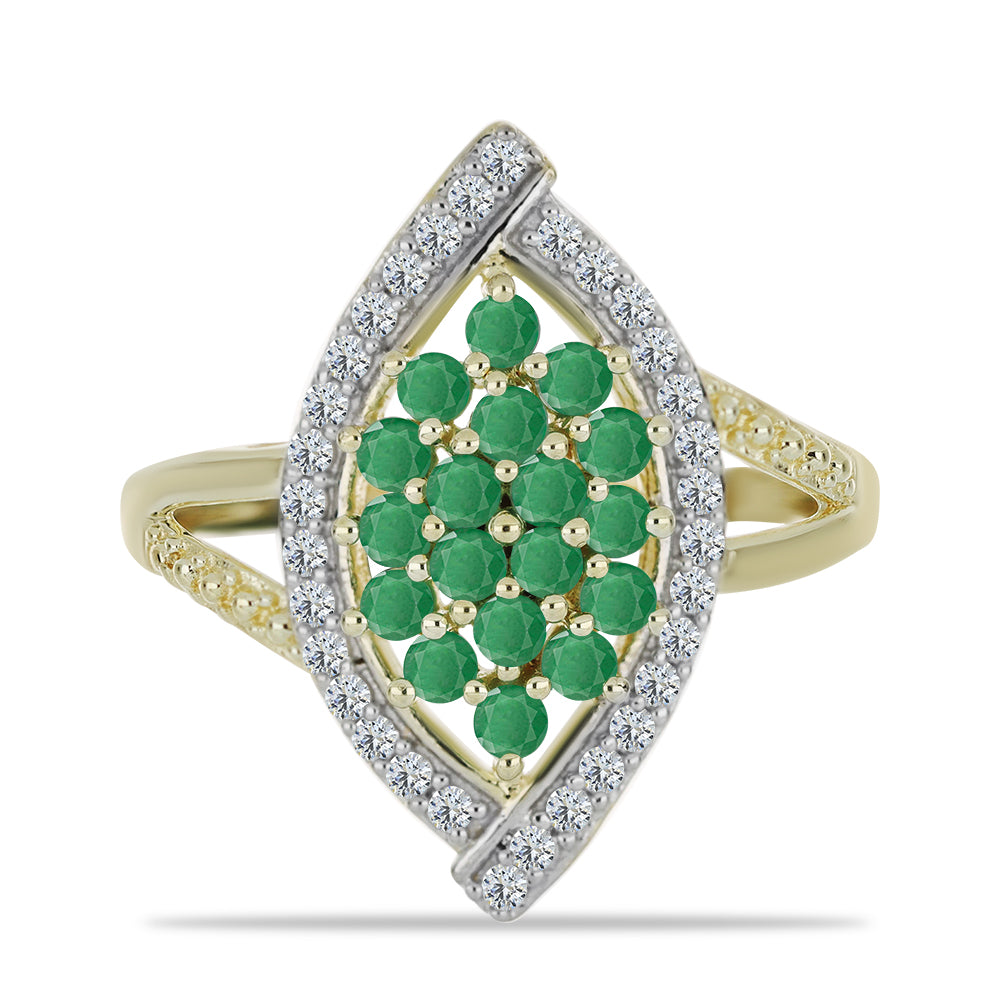 Anel de Prata com Banho de Ouro com Esmeralda do Brasil e Topázio Branco  Contraste: Cabeca de Veado (800)