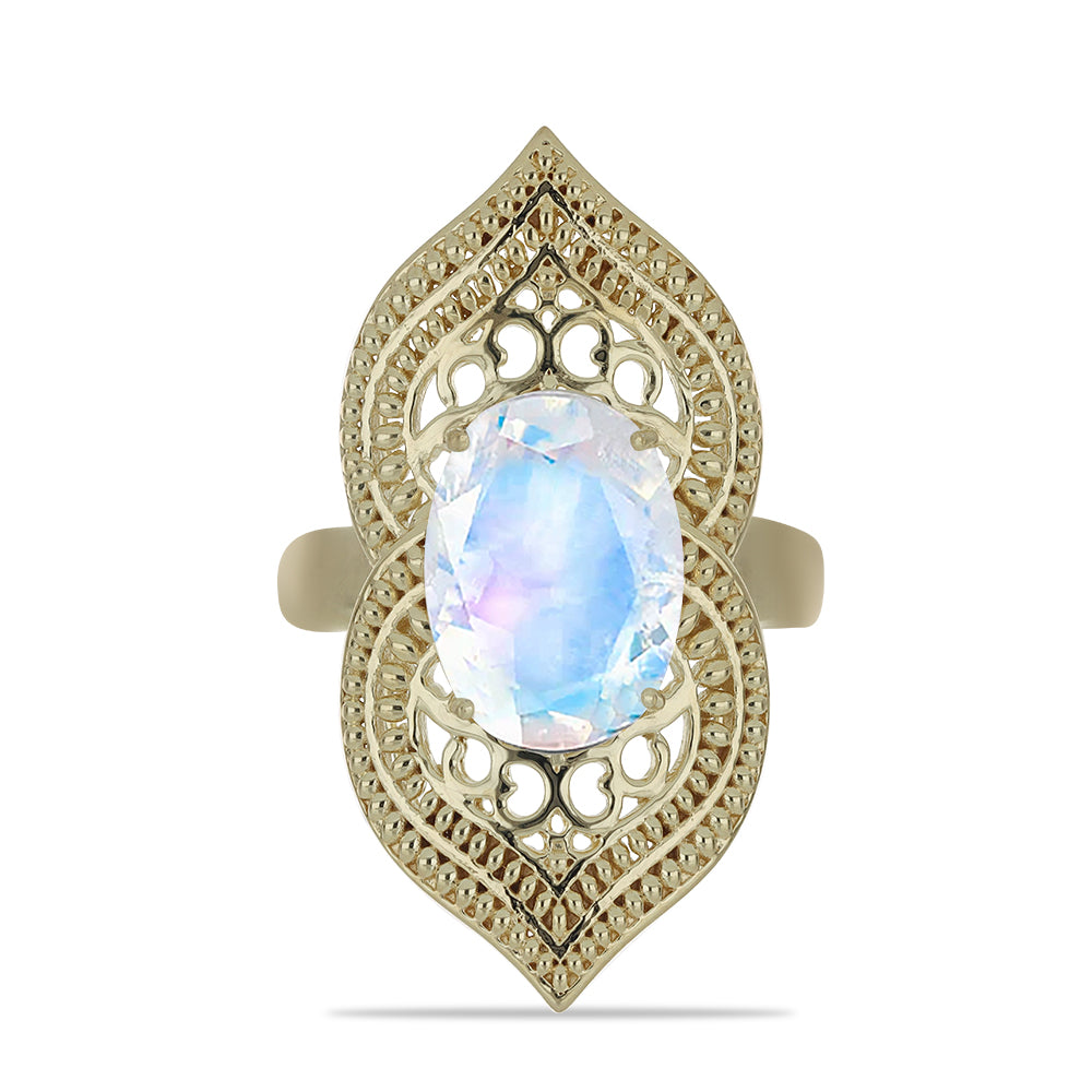 Anel de Prata com Banho de Ouro com Pedra da Lua Arco-íris  Contraste: Cabeca de Veado (800)