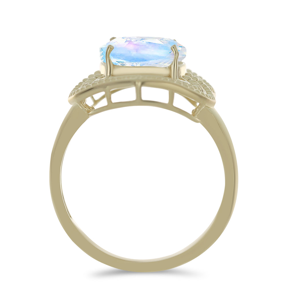 Anel de Prata com Banho de Ouro com Pedra da Lua Arco-íris  Contraste: Cabeca de Veado (800)