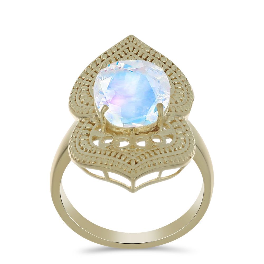 Anel de Prata com Banho de Ouro com Pedra da Lua Arco-íris  Contraste: Cabeca de Veado (800)