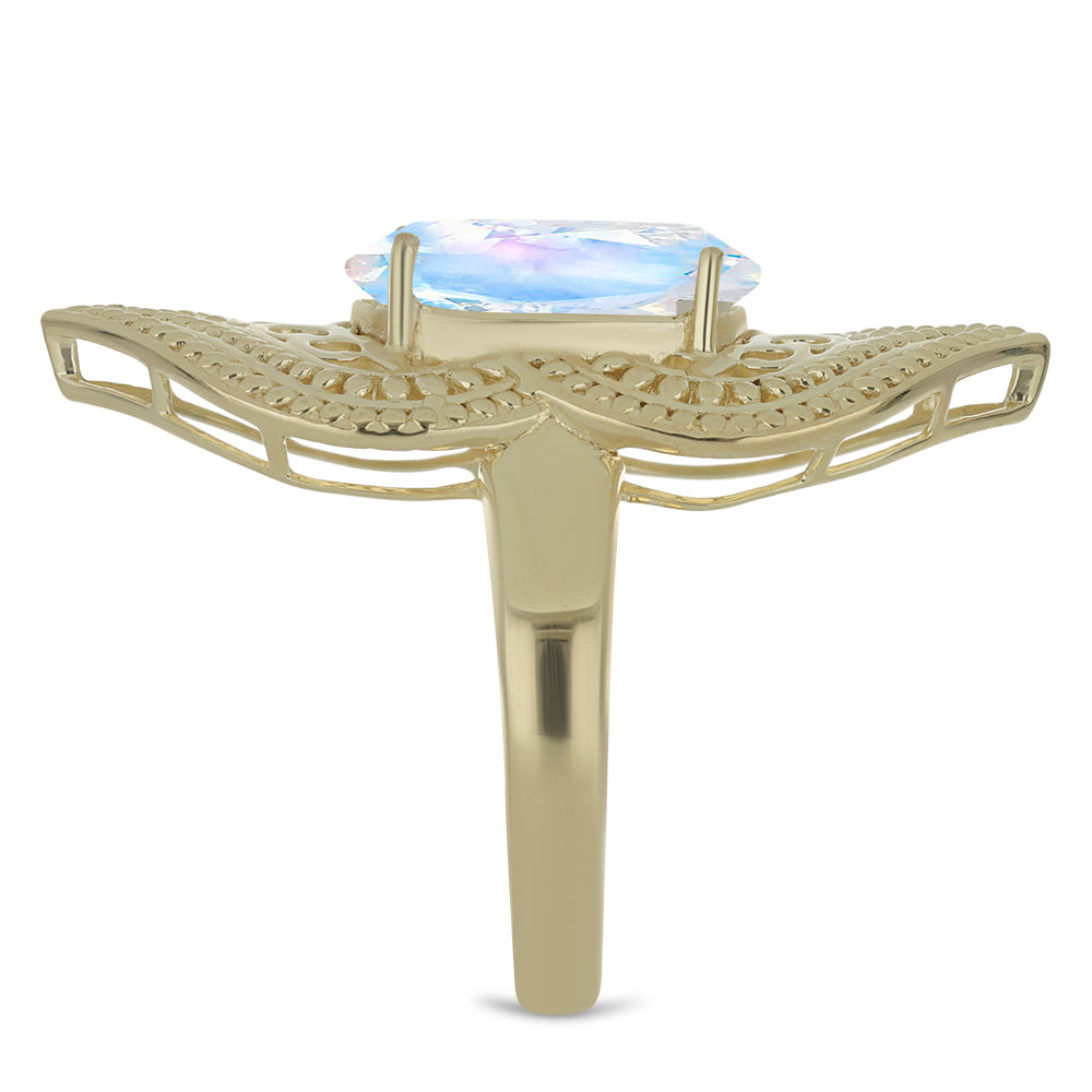 Anel de Prata com Banho de Ouro com Pedra da Lua Arco-íris  Contraste: Cabeca de Veado (800) 4 