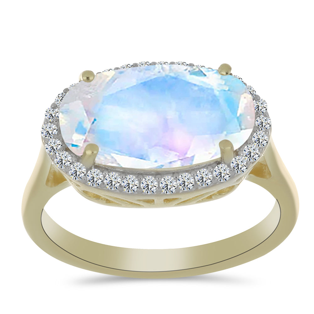 Anel de Prata com Banho de Ouro com Pedra da Lua Arco-íris e Topázio Branco  Contraste: Cabeca de Veado (800) 3 