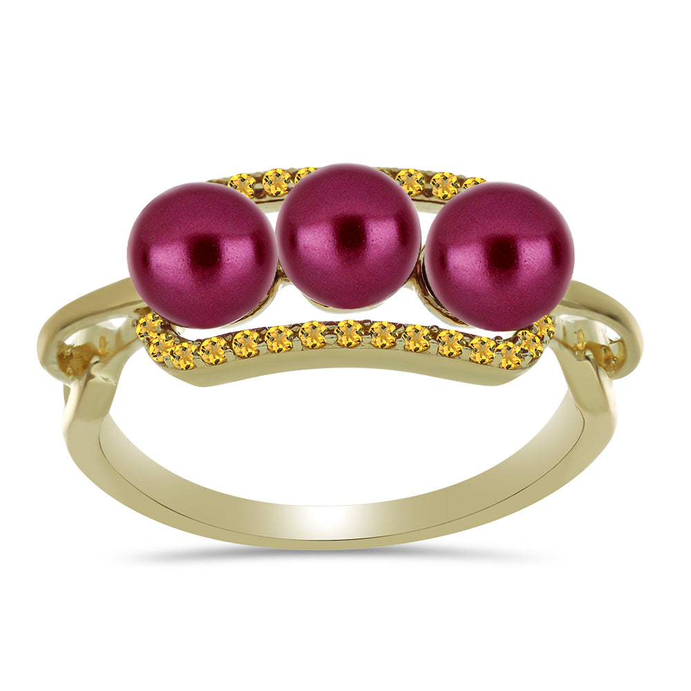 Anel de Prata com Banho de Ouro com Pérola de Água Doce Roxo e Citrino de Ural