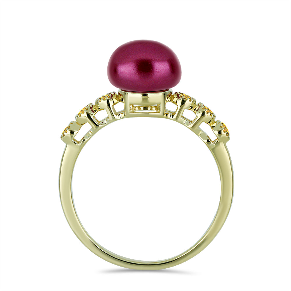 Anel de Prata com Banho de Ouro com Pérola de Água Doce Roxo e Citrino de Ural 2 