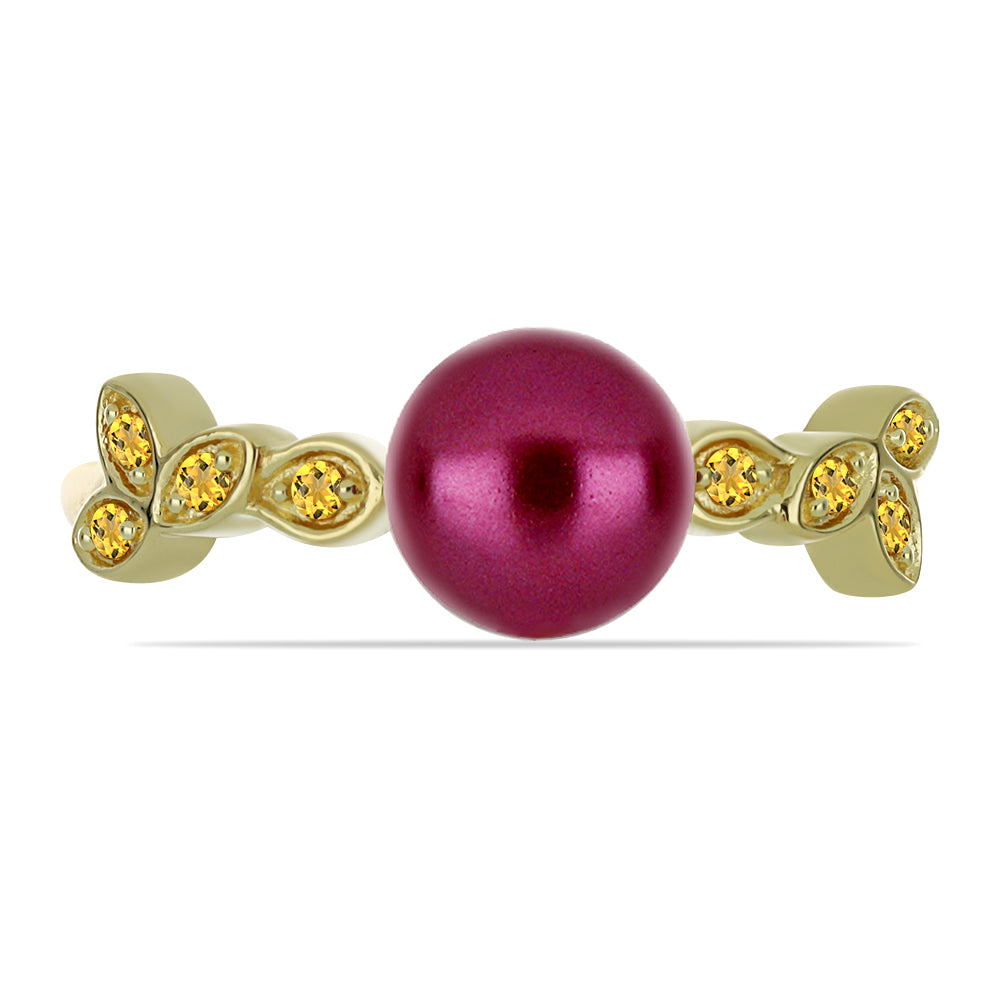 Anel de Prata com Banho de Ouro com Pérola de Água Doce Roxo e Citrino de Ural