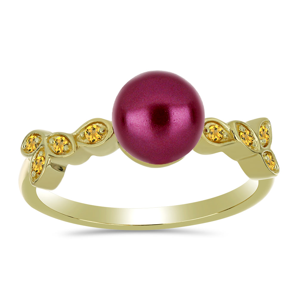 Anel de Prata com Banho de Ouro com Pérola de Água Doce Roxo e Citrino de Ural