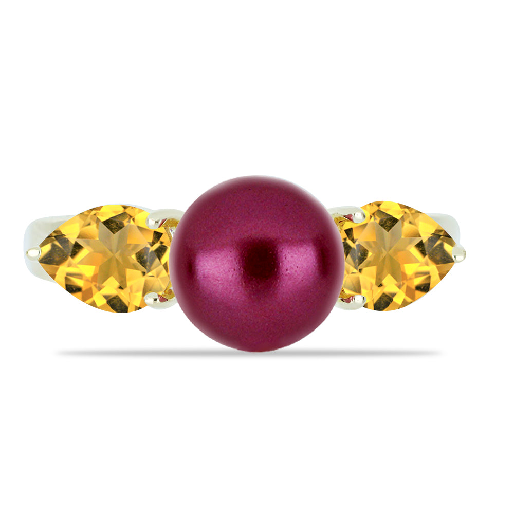 Anel de Prata com Banho de Ouro com Pérola de Água Doce Roxo e Citrino de Ural 1 
