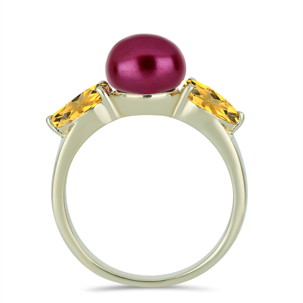 Anel de Prata com Banho de Ouro com Pérola de Água Doce Roxo e Citrino de Ural