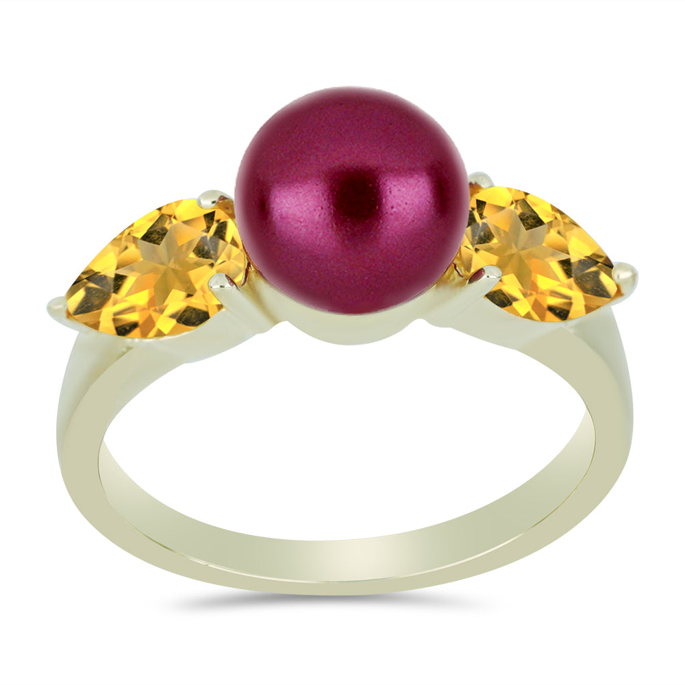 Anel de Prata com Banho de Ouro com Pérola de Água Doce Roxo e Citrino de Ural 3 