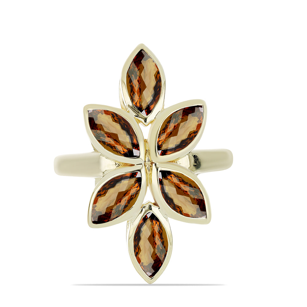 Anel de Prata com Banho de Ouro com Quartzo Cognac  Contraste: Cabeca de Veado (800)