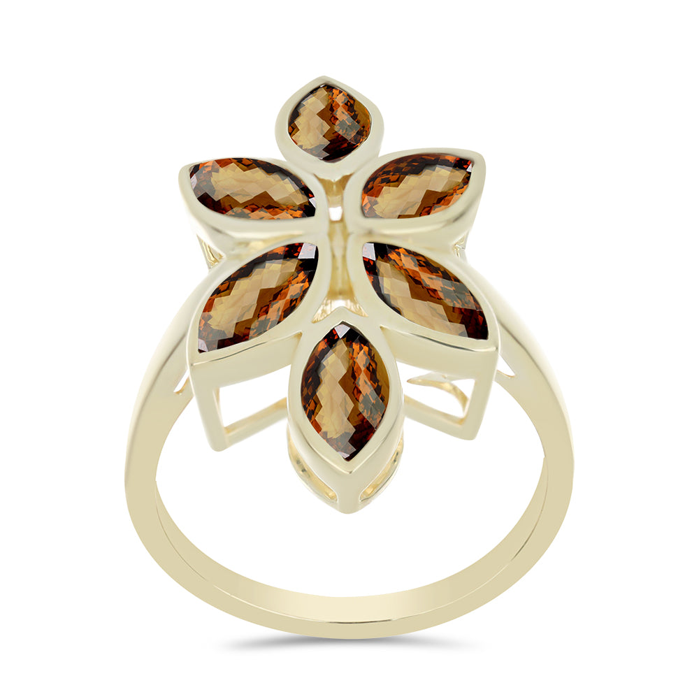 Anel de Prata com Banho de Ouro com Quartzo Cognac  Contraste: Cabeca de Veado (800)