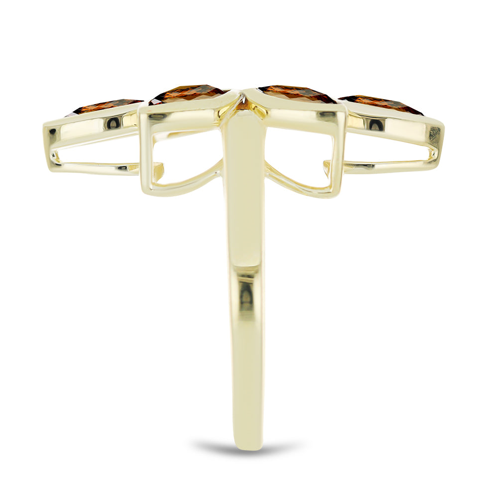 Anel de Prata com Banho de Ouro com Quartzo Cognac  Contraste: Cabeca de Veado (800)