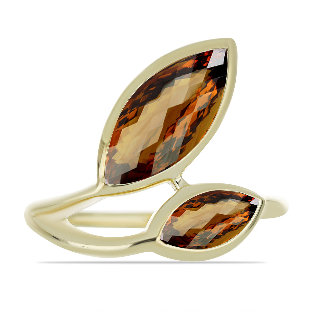 Anel de Prata com Banho de Ouro com Quartzo Cognac  Contraste: Cabeca de Veado (800)