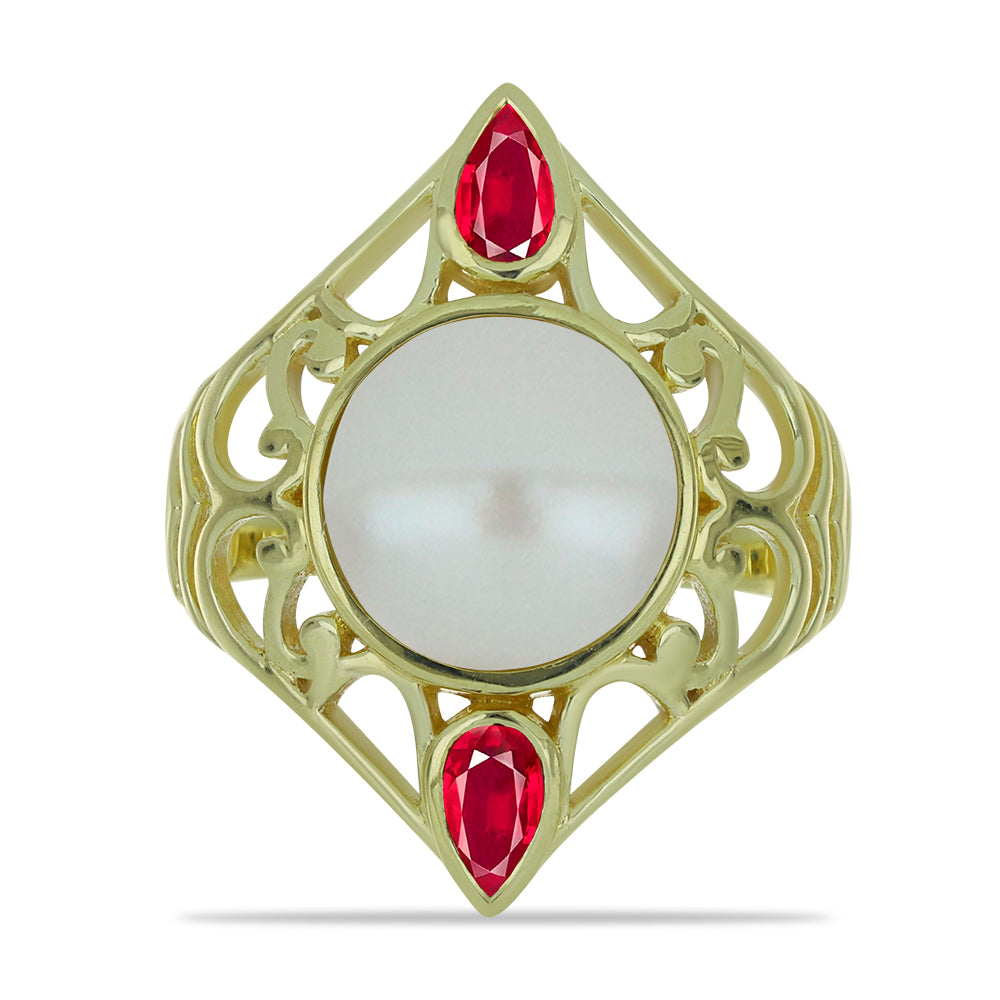 Anel de Prata com Banho de Ouro com Pérola Branca de Água Doce e Rubi de Madagáscar  Contraste: Cabeca de Veado (800) 1 