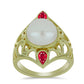 Anel de Prata com Banho de Ouro com Pérola Branca de Água Doce e Rubi de Madagáscar  Contraste: Cabeca de Veado (800)
