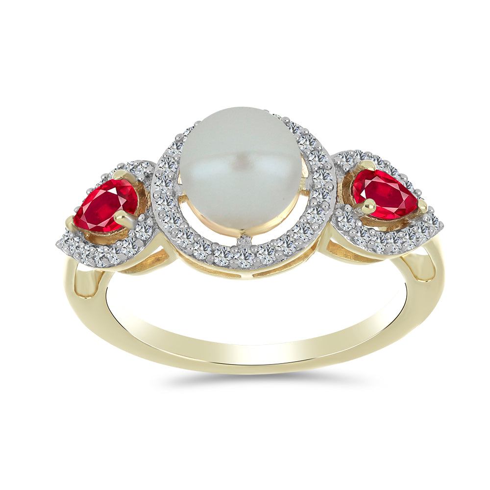 Anel de Prata com Banho de Ouro com Pérola Branca de Água Doce e Rubi de Madagáscar  Contraste: Cabeca de Veado (800) 3 