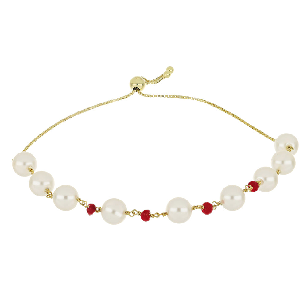 Pulseira de Prata com Banho de Ouro com Pérola Branca de Água Doce e Rubi de Madagáscar